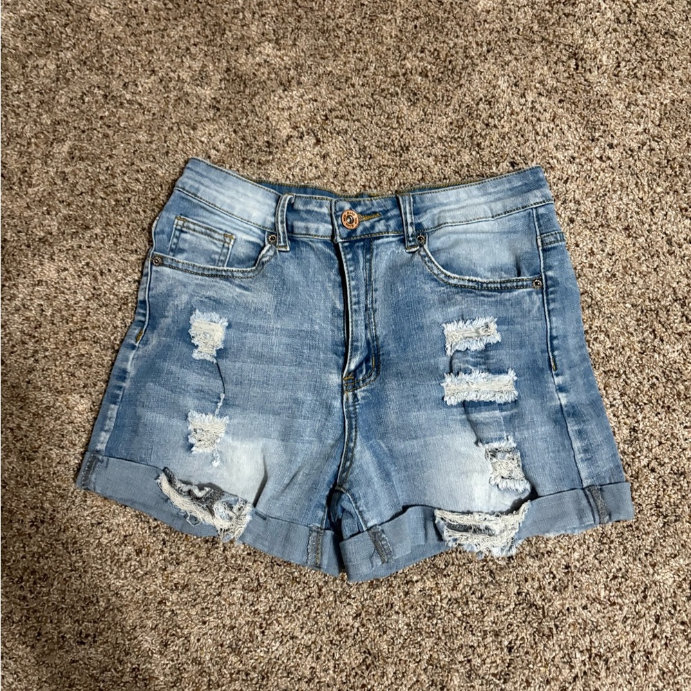 Trendy Blue Distressed Jean Shorts